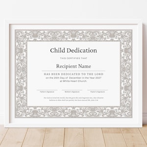 Plantilla de certificado de dedicación de niño, certificado de presentación de bebé, dedicación de bebé editable, certificado de recuerdo de bautismo imprimible 131