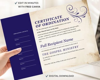 Editable Minister Ordination Certificate, Canva Certificate of Ordination, Ministry License Certificate Template (Digital Download)