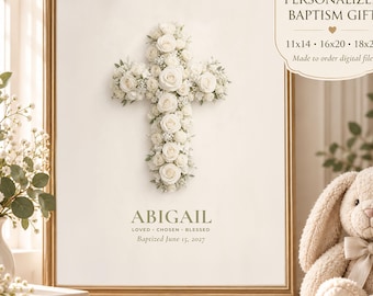 Personalized Baptism Gift, Floral Cross Print, Christening Keepsake, Baby Dedication Gift, Custom Christian Wall Art (Digital Download)