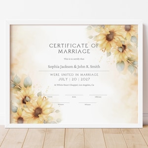 Sonnenblume Heiratsurkunde Andenken, Dekorative Heiratsurkunde, Printable Heiratsurkunde Hochzeitszertifikat Download Jet200