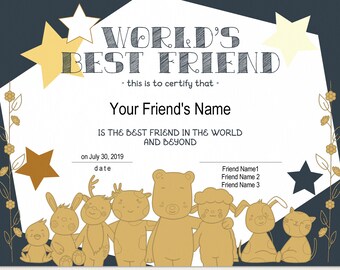 Printable Friendship Certificate Template Editable Friendship | Etsy