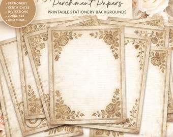 Vintage Rose Parchment Paper Pack, Printable Antique Stationery, Floral Writing Paper, Certificate Background Wedding Paper Digital Download