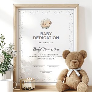 Plantilla de certificado de dedicación de bebé, dedicación de niño editable, certificado de bautismo imprimible, presentación de bebé, descarga personalizable 213