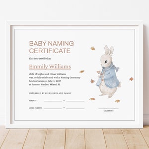 Plantilla de certificado de nombramiento de bebé editable Certificado imprimible de ceremonia de nombramiento Tema de conejo con chaqueta azul Día del nombre Descargar Jet376