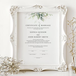 Heiratsurkunde, bearbeitbare Hochzeitsandenken-Zertifikatsvorlage, Greenery-Hochzeitsurkunde, druckbare Heiratsurkunde167