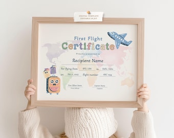 Editable My First Flight Certificate Template Award Certificate for Kids Travel Certificate Bravery Award for First Flight with Airplane 384