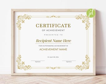 Certificate of Achievement, Editable Achievement Award Certificate Template, Elegant DIY Editable Certificate Digital Download, Jet035