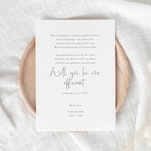 Zal jij onze Officiant zijn Afdrukbare kaart bruiloft Officiant voorstel, modern minimalistisch Wil je met ons trouwen Bewerkbare sjabloon Download 167
