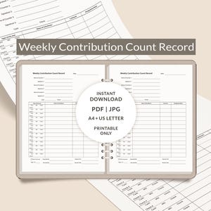 Può includere: Un documento Weekly Contribution Count Record in un raccoglitore, con colonne per nomi, contanti, assegni e designazioni. Un cerchio sovrapposto riporta INSTANT DOWNLOAD, PDF | JPG, A4 + US LETTER, PRINTABLE ONLY.