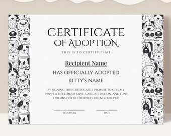 EDITABLE Puppy Adoption Certificate Template, Dog Owner's Certificate, Gift Certificate of Adoption Puppy Certificate Download, Jet128