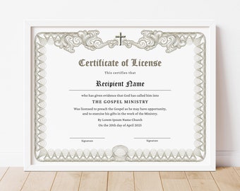 Editable License to Preach Template, Printable Certificate of License ...