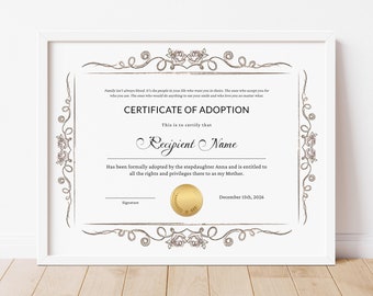 Modèle de certificat d&#39;adoption de belle-mère, modèle de certificat d&#39;adoption d&#39;adoption imprimable modifiable, certificat-cadeau téléchargement immédiat Jet150