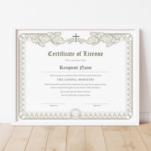 Editable License to Preach Template, Printable Certificate of License, Minister&#39;s License, Elegant Certificate Template Download Jet 041