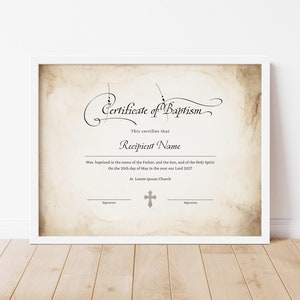 Plantilla de certificado de bautismo vintage, certificado de bautismo editable, bautizo, certificado de bautismo católico, descarga instantánea, Jet 023