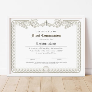 Plantilla de certificado de primera comunión, editable e imprimible. Descarga de certificado católico DIY. Jet 041