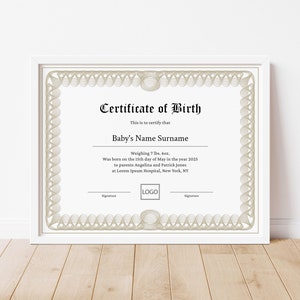 Bearbeitbare Geburtsurkundenvorlage, druckbare Baby-Geschenkurkunde für Jungen und Mädchen, minimalistisches Krankenhauszertifikat Download Jet181