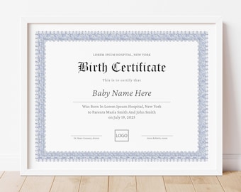 Modèle de certificat de naissance imprimable Certificat de naissance pour bébé garçon Certificat de naissance pour maternité, hôpital à télécharger Jet194