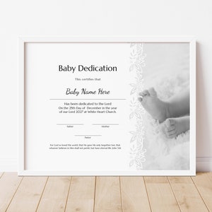 Plantilla de certificado de dedicación para bebé, recuerdo de presentación para bautizo, pies de bebé, certificado editable e imprimible, descarga Jet134