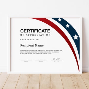 Military Service Appreciation Certificate American USA Flag Veteran&#39;s Certificate Patriot Day Retirement Certificate Digital Download Jet159