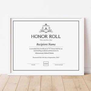 Editable Honor Roll Certificate Template, Elementary School Student Award Certificate of Honor, School Achievement Digital Download Jet 014