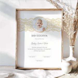 Certificado de Dedicación de Bebé con Foto, Bautizo, Ceremonia de Dedicación, Plantillas de Iglesia Editables e Imprimibles, Descarga Jet297