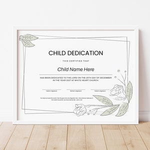 Plantilla minimalista de certificado de dedicación infantil. Certificado de bautizo, dedicación simple, moderno, editable e imprimible. Descarga Jet310.