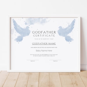 Plantilla de certificado de padrino, editable e imprimible. Certificado de recuerdo de bautismo. Palomas azules. Certificado de regalo clásico de padrino. Descarga Jet107.