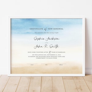 Beach Vow Erneuerung Zertifikat Vorlage, Beach Ceremony Andenken Zertifikat, Hochzeitsjubiläum Zertifikat EDITABLE Download, Jet090