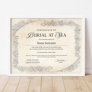 Certificate of Burial at Sea, Sea Scattering Ashes, Memorial Ashes at Sea Funeral Keepsake Certificate EDITABLE Vintage Digital Download 120