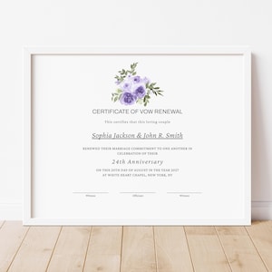 Plantilla elegante de certificado de renovación de votos, certificado de 24.º aniversario imprimible, regalo de renovación de votos editable e imprimible, descarga Jet306