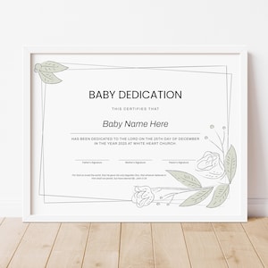 Plantilla minimalista de certificado de dedicación de bebé. Certificado de bautizo, dedicación simple, moderno, editable e imprimible. Descarga Jet310.