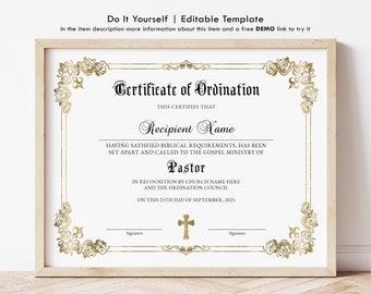 Modèle de certificat d'ordination de pasteur, certificat d'ordination modifiable, certificat de ministère imprimable, certificat d'église Jet169