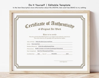 Certificate of Authenticity, Editable Authenticity Certificate Template, Authenticity for Artwork, Authenticity COA Template Download Jet184