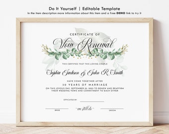 Vow Renewal Certificate, Editable Printable Wedding Certificate Template, Vow Renewal Gift Marriage Vow Renewal Certificate Download Jet085