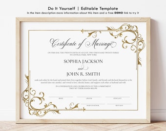 Editable Certificate of Marriage, Wedding Keepsake Certificate Template, Custom Marriage Certificate, Personalized Wedding Gift Download 282