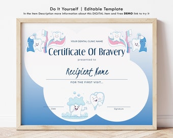 Editable Dentist Certificate of Bravery Kids Certificate Template, First Visit to Dentist Dental Clinic Custom Certificate Download, Jet143