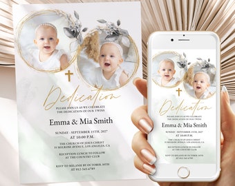 Dedication for Twins Invitation Template with Photos, Baptism Invitation, Gold Green, Phone Invite, Christening Evite Download Jet278