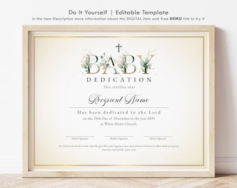 Baby Dedication Certificate Template Baby Dedication Editable Certificate Greenery Gold Dedication Printable Certificate Download Jet309
