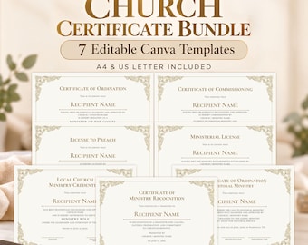 Church Certificate Bundle, Ordination Certificate Template, Ministerial License, License to Preach, Editable Canva Ministry Set Digital