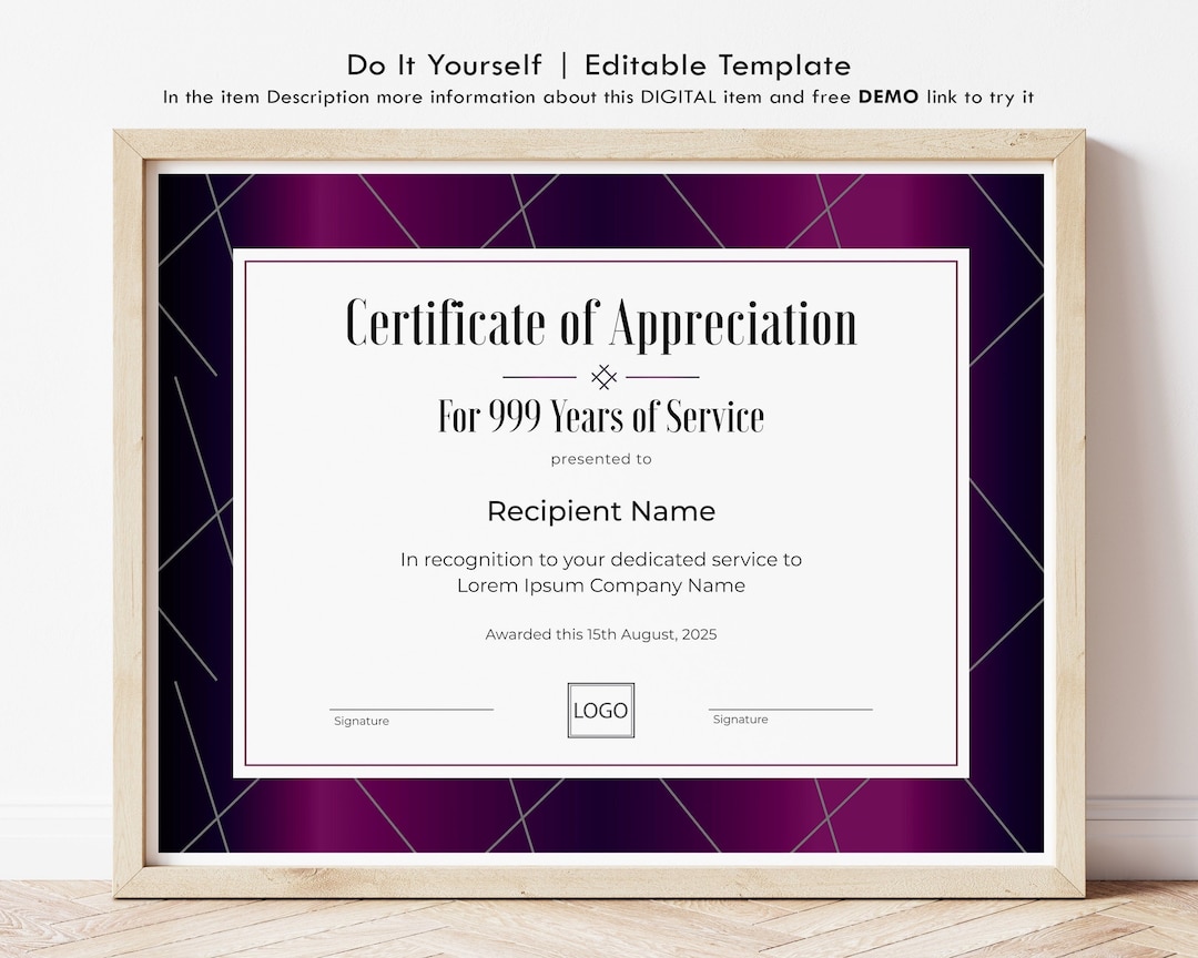 Buy 10 Years of Service EDITABLE Certificate of Appreciation Template ...