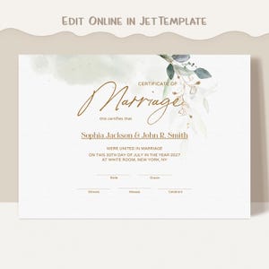 Modern Wedding Certificate Template Editable Printable Watercolor Greenery Certificate of Marriage Template Wedding Keepsake Download Jet176