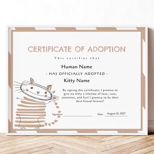 Editable Pet Adoption Certificate Template, Kitty Cat Adoption Gift for Child, Cat Birthday Party, Adopt a Cat Gift Certificate Download 186