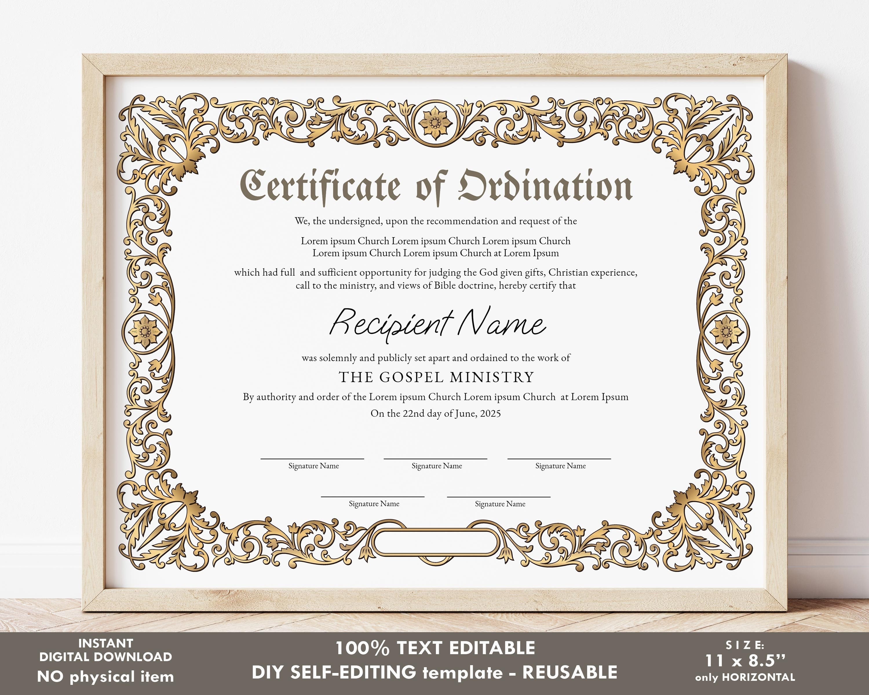 Ordination Certificate Template Editable Printable Etsy