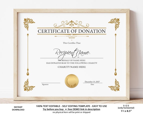 Editable Certificate of Donation Template Printable Charity - Etsy ...