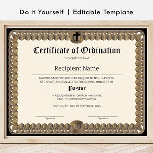 Ordination for Pastor Certificate Template, Editable Certificate of Ordination Printable Ministry Certificate Church Certificate Jet316