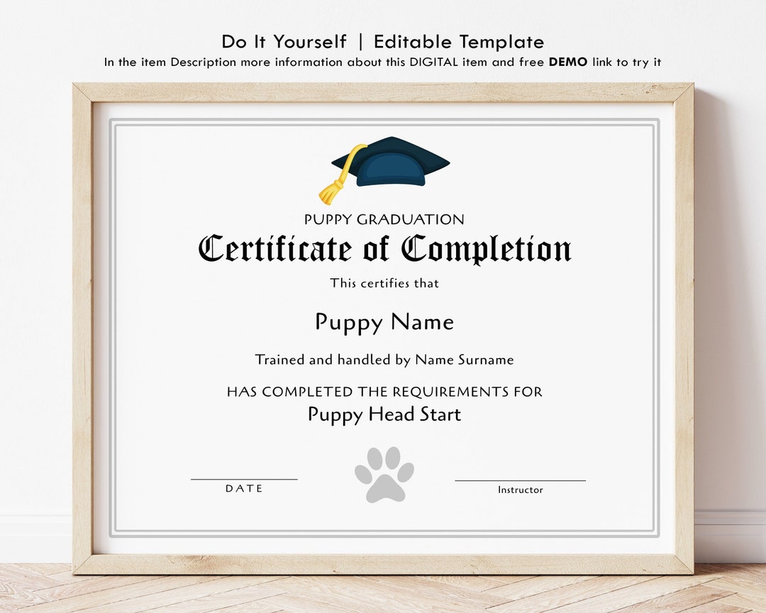 Dog Training Certificate Template, Editable Puppy Graduation Certificate, Puppy School