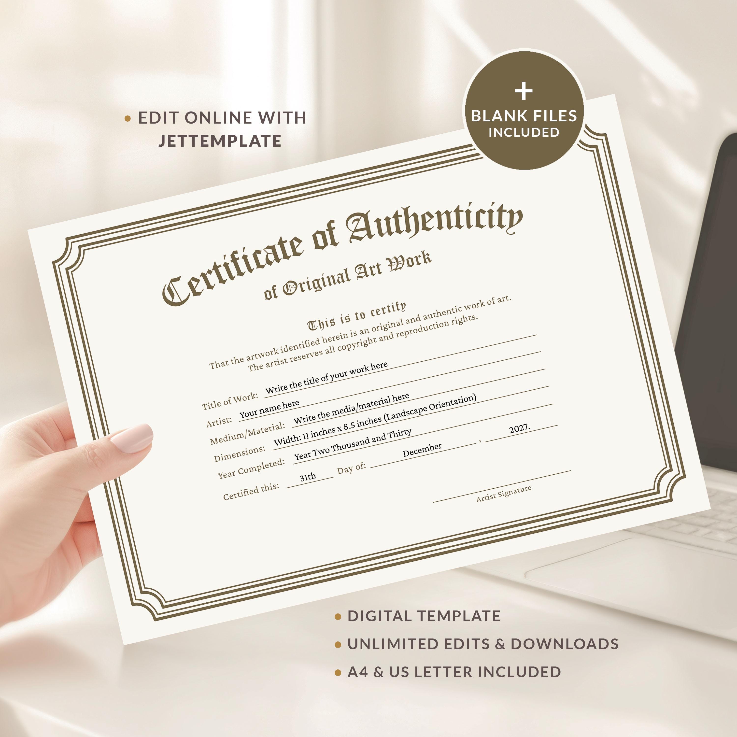 Certificate of Authenticity Template, Editable COA Certificate