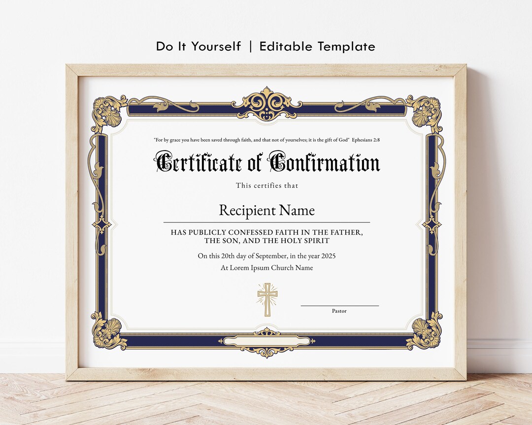 Editable Confirmation Certificate Template, Printable Certificate of