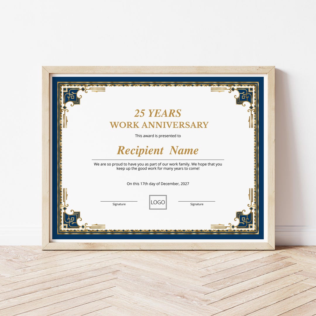 Work Anniversary Certificate Template, Years of Service Award
