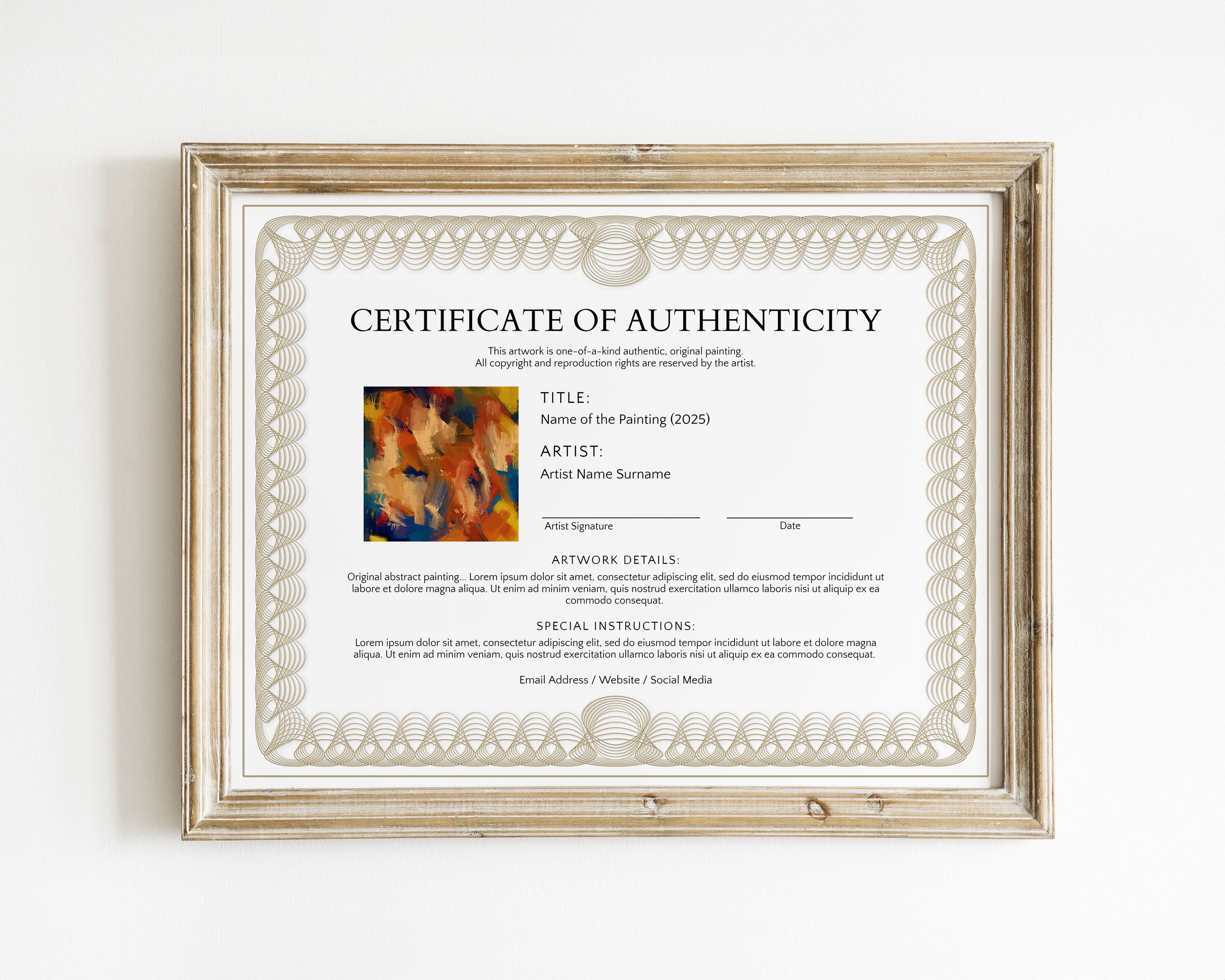 Editable Certificate of Authenticity for Artwork, Authenticity